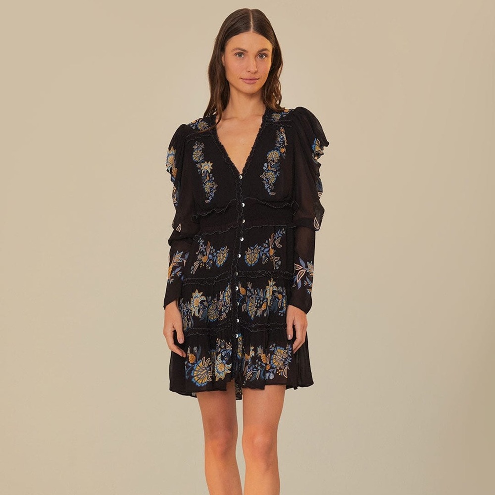 FARM RIO Floral-Embroidered Long-Sleeve Minidress, SiZE SMALL 1363